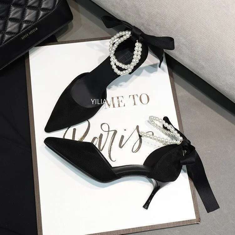 Women's Fashion Bow Sandals Summer Black Simulation Pearls Shoes Sexy Pointed Stiletto Party Office High Heels atos De Fiesta