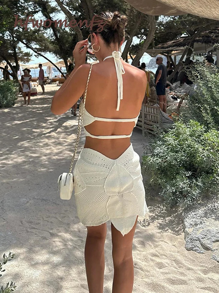 Beach 3d Flower Crochet Hook Short Dress Women Sexy Hollow Out Halter Off Shoulder Backless White Dresses Lady Summer Slim Robes 250324