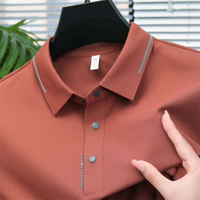Business polo shirt solid color quick drying Versatile top ice silk seamless short sleeved Tshirt mens 2024 summer item 250312