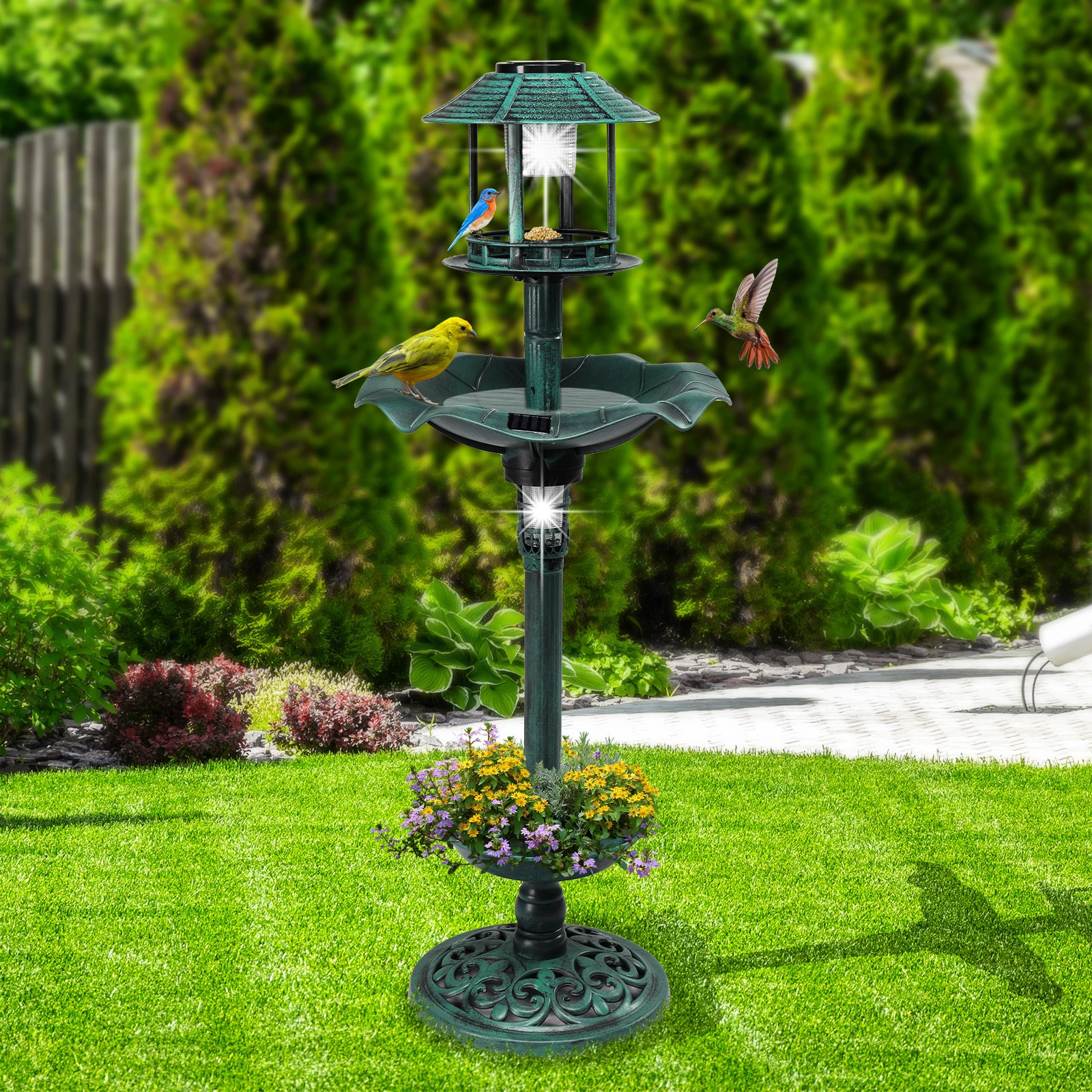 Outdoor solar light base bird bath resin fountain decoration with plants and feeder 250320