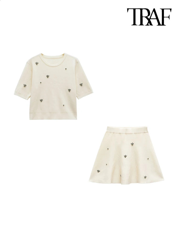 TRZA Women Fashion Jewel Bead Knit Top And High Elastic Waist Mini Skirt Female Two Piece Sets Mujer 250324