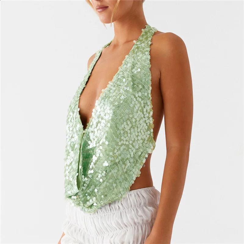 Women Sparkly Sequins Tank Tops Y2k Glitter Backless Halter Neck Vests Summer Sleeveless Tops Holiday Party Club Streetwear 250324