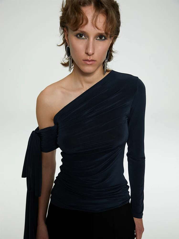 Designer Off The Shoulder Top Fall Clothes 2024 Women Long Sleeve T Shirt Dark Blue Fashion Tees Kintted Solid Tops