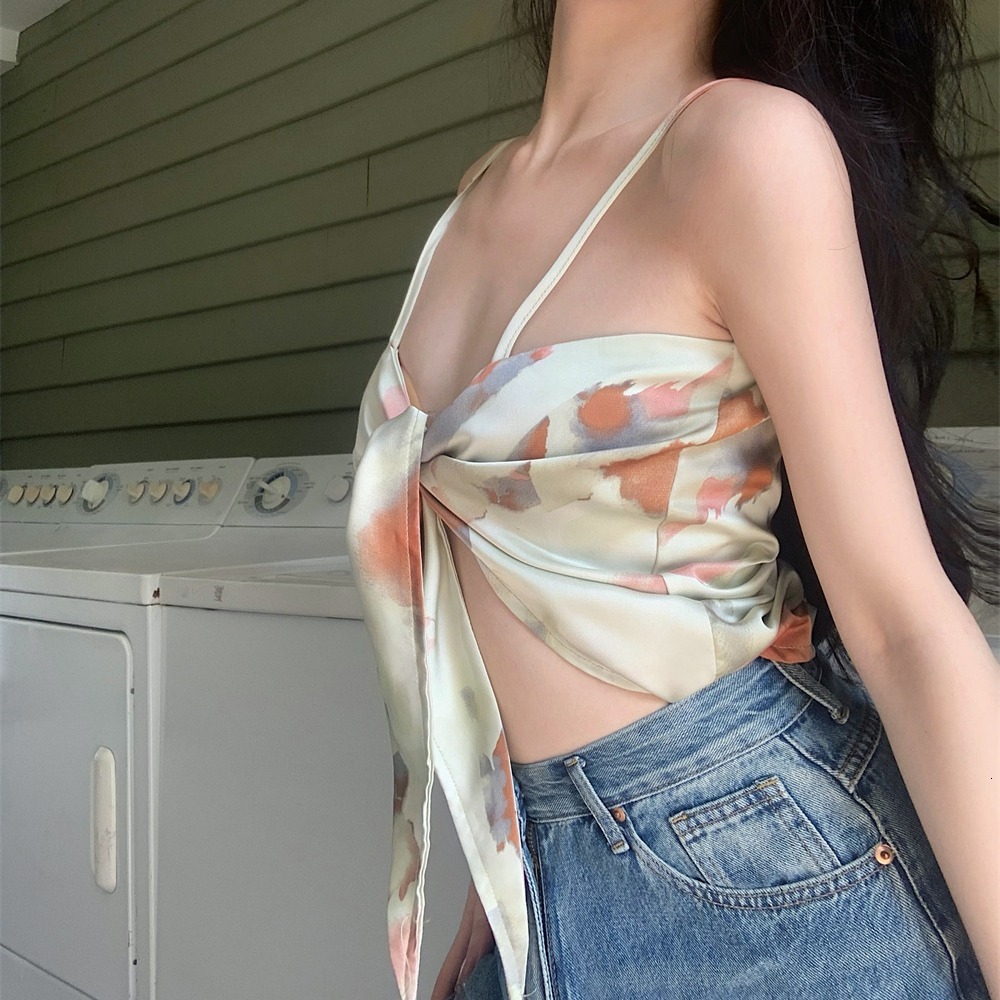 2025 New Model Sweet And Spicy Girl Triangle Scarf Wearing Tie Dyed Small Camisole Tank For Women's Beach French Design Sense Jazz Short Top