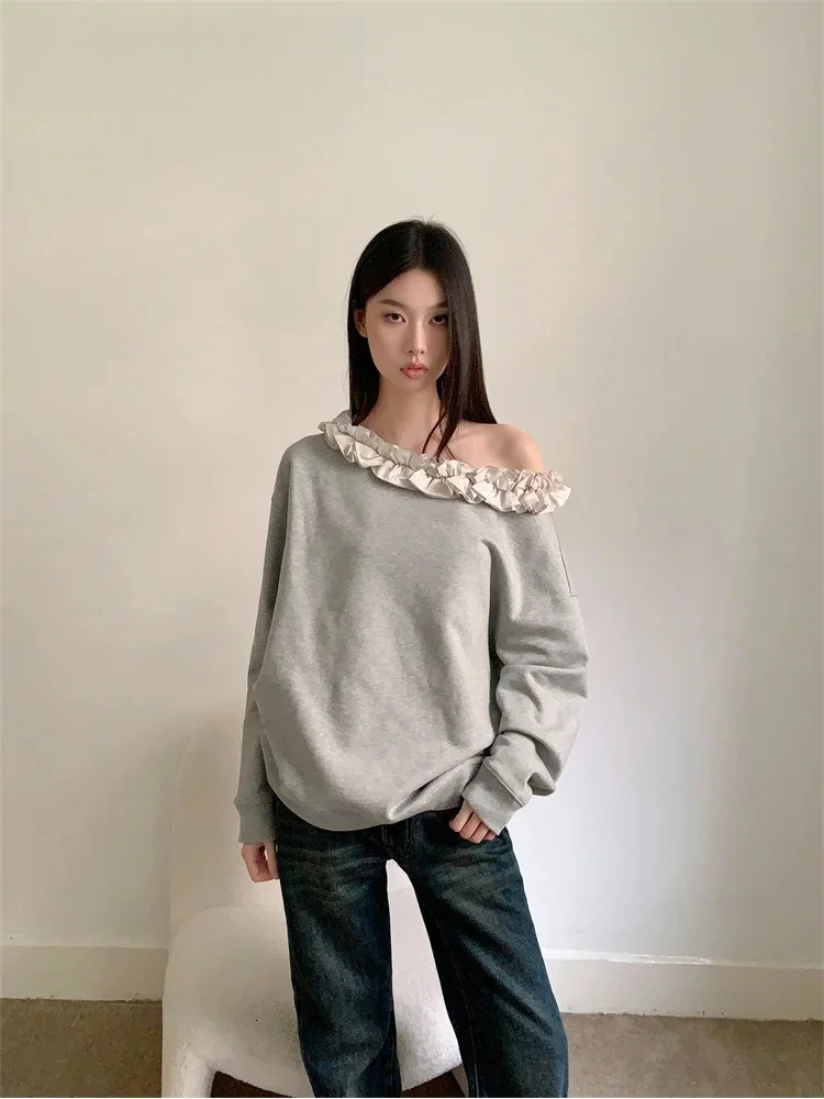 Off The Shoulder Frill Gray Hoodies Pullovers Sweatshirt Women Long Sleeve Top Autumn Spring Fashion Clothing