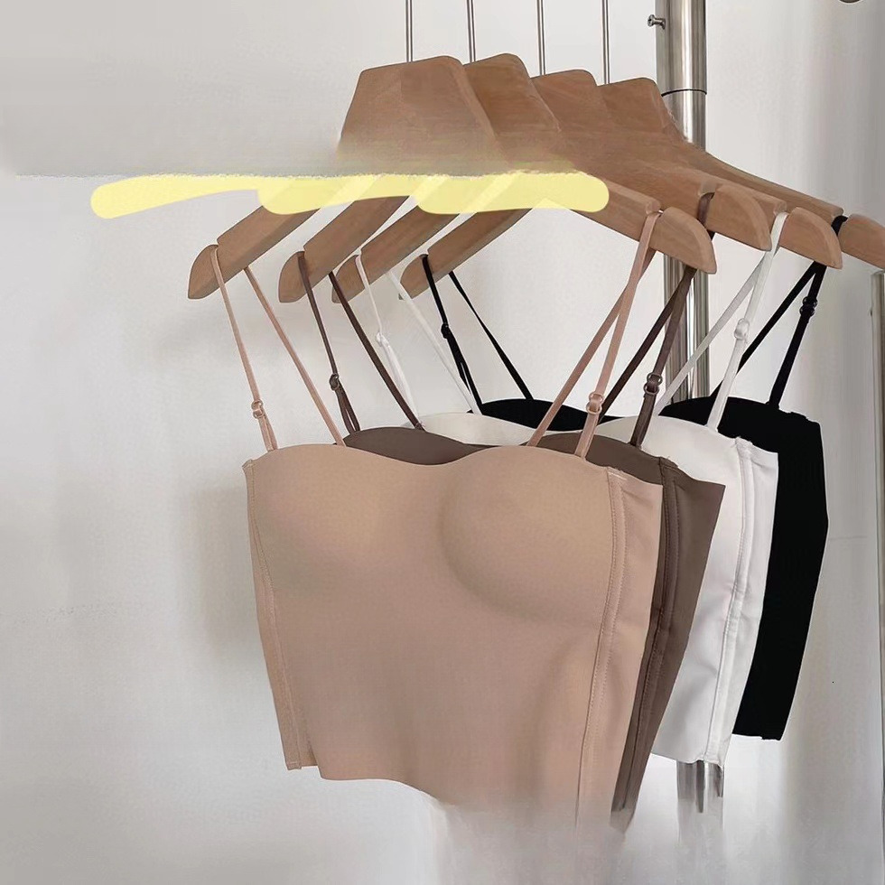 2025 New Fixed Thin Cup Ice Silk Seamless Camisole Vest Designer Mid Length Bra Sexy And Beautiful Back Outdoor Chest Wrapped Beach Women's Anti 