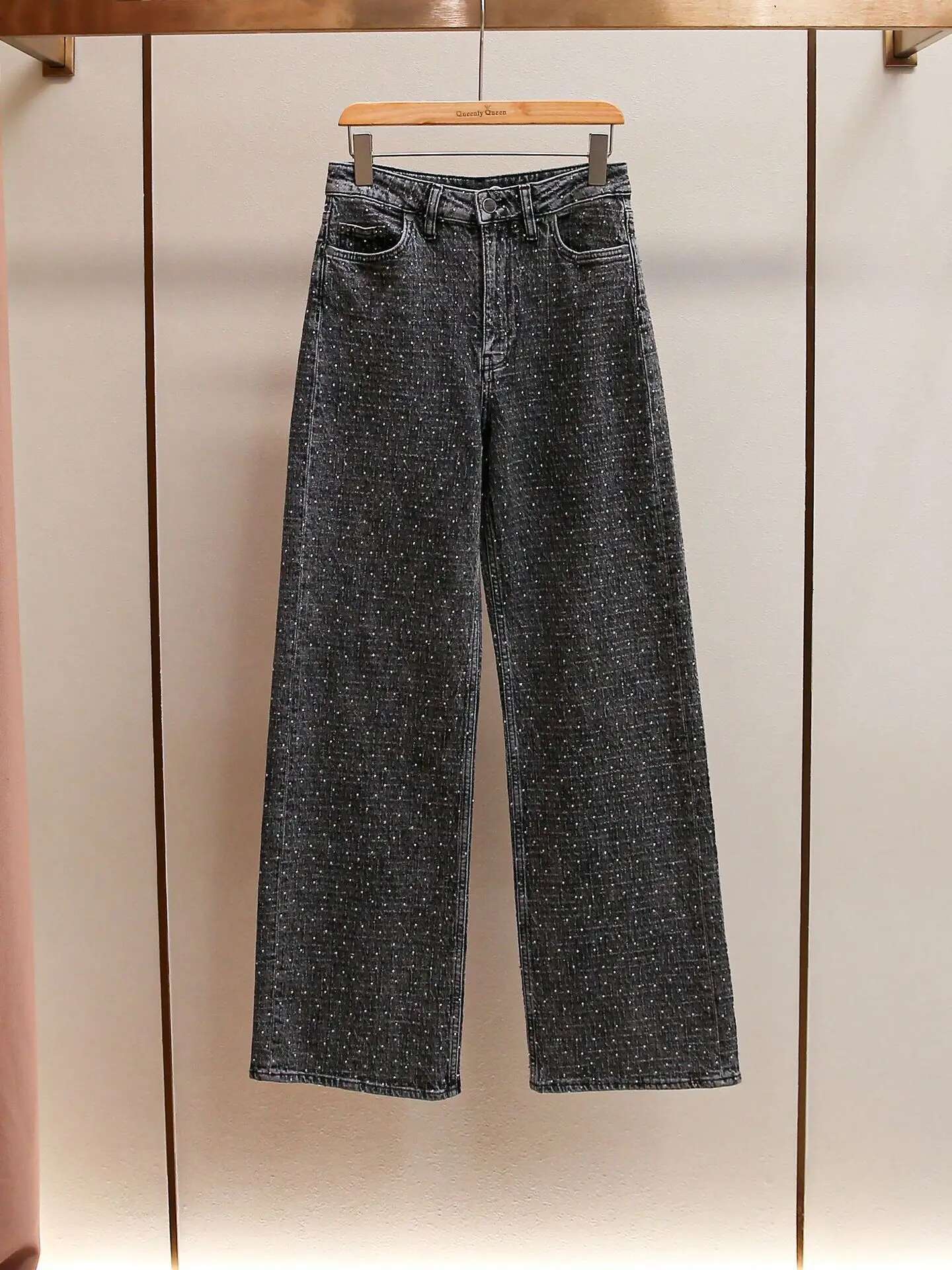 Spring 2025 New Ladies Dark Grey Hot Rhie Decoration Jeans Versatile