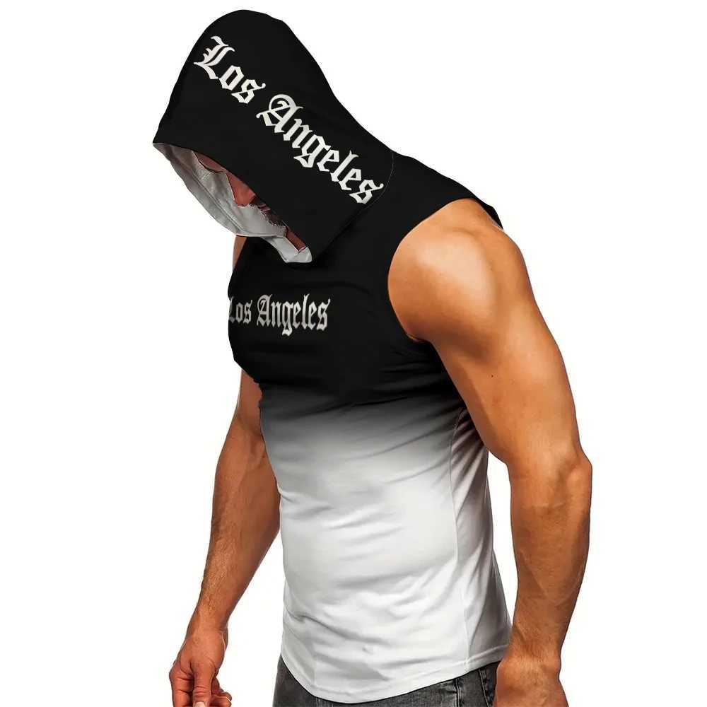 2025 new mens printed T-shirt hooded sleeveless fitness 3D printed Los Angeles sports vest casual ultra-thin breathable mesh T-shirt X250324