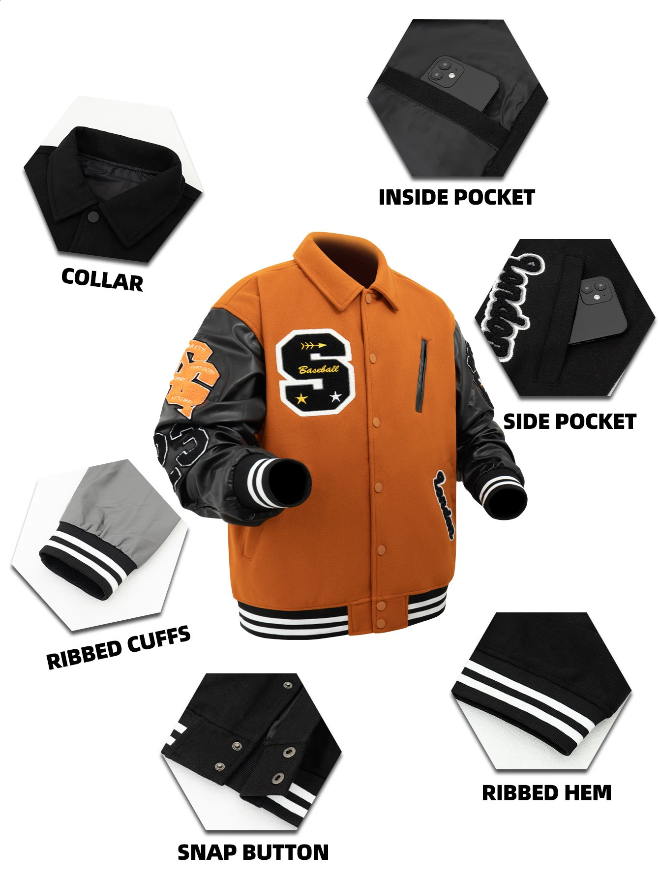 Mens retro lapel bomber jacket loose letter embroidered jacket autumn and winter leather patch work college baseball jacket 250318