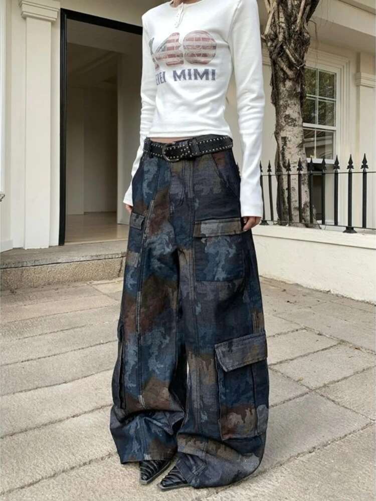 Retro Street New Style Camouflage Spliced Multi-Pocket Work Jeans For Women American Loose Straight Wide-Leg Casual Pants
