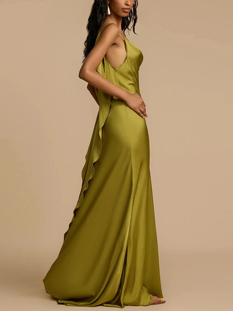 Drauuing Womens Summer Green Seam Long Dress Fashion Backless Hollow Skirt Pendant Satin Vestdos 250322