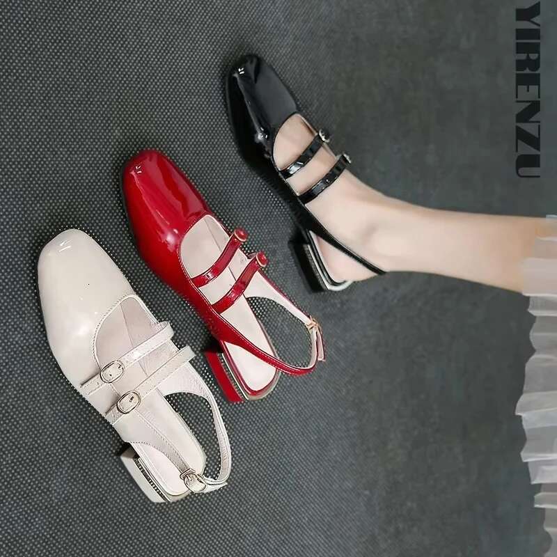 2025 Spring Autumn Women Double Buckle Mary Janes Patent Leather Dress Head Square Heel Solid Color Women's Shoes