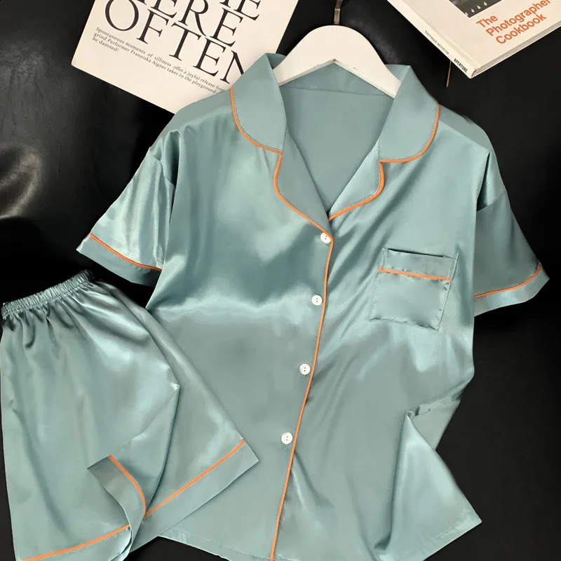 Ice Silk Cool Home Clothes Womens Pajamas High Quality Cardigan Short Sleeve Shorts Summer Pajamas Set for Women Nightwear 250321