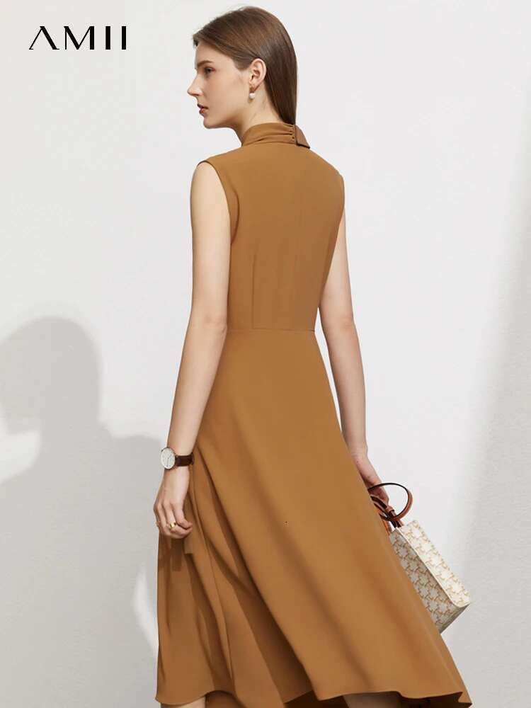 AMII Minimalism Dresses for Women 2023 Summer New Office Lady Slim Fit Lace-up V Neck Elegant Chic Black Long Vestidos 12352023