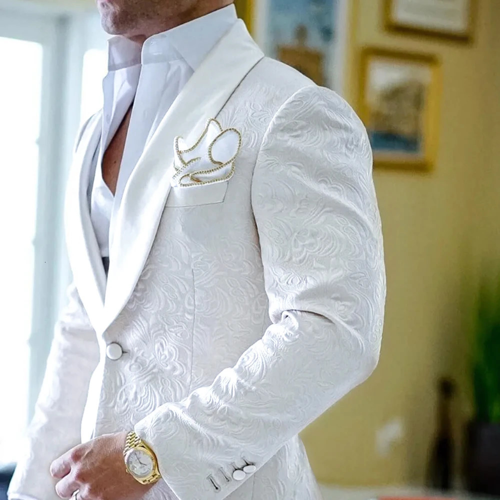 White Jacquard Mens Suit for Wedding Shawl Lapel Single Breasted Formal 2 Piece Jacket Pants Male Clothing Slim Fit Blazer Set 250321