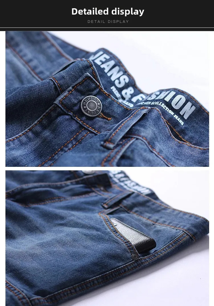 Summer thin and loose multi pocket work denim shorts casual jeans for men 5 pieces 7 ankle length blue straight leg 250312