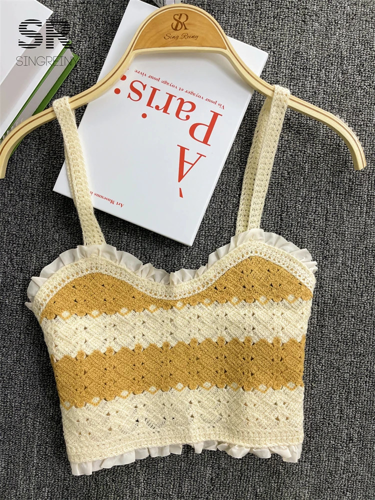 SINGREINY Backless Knit Beach Two Piece Set Women Elegant Strap Off Shoulder Camisole Elastic Waist Shorts Striped Summer Suit 250322