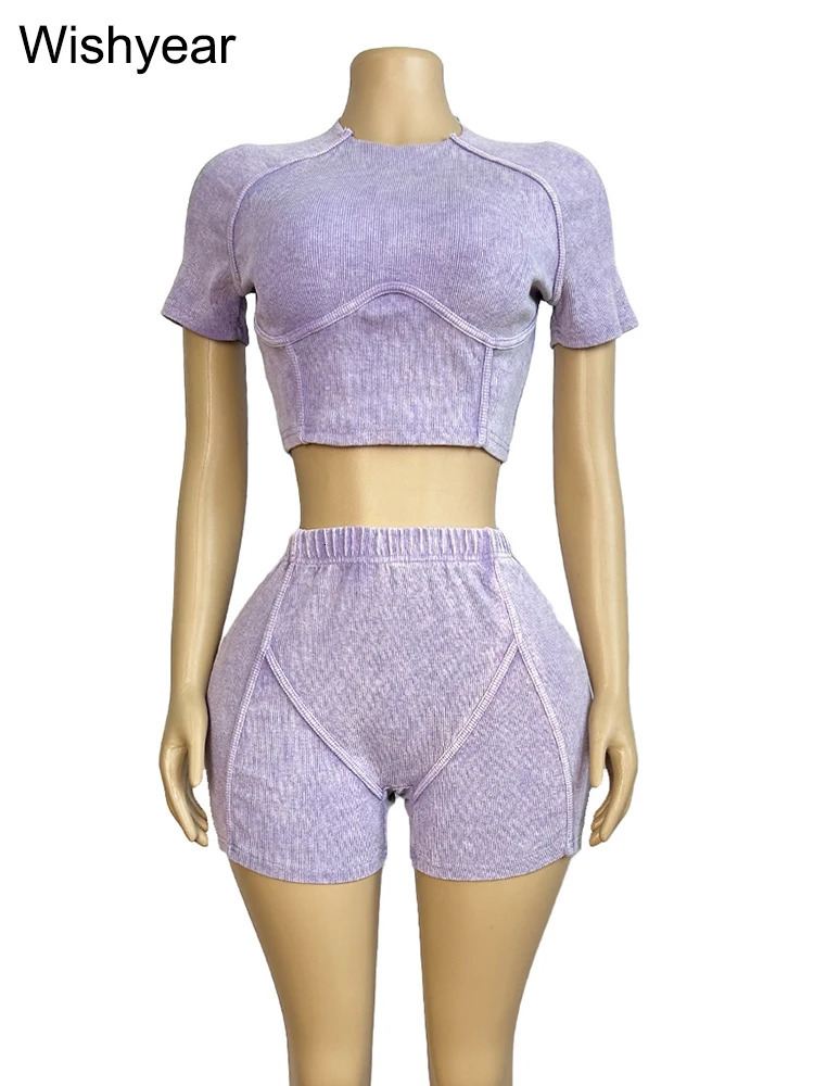 Casual black knitted ribbon short sleeved crop top and shorts two-piece sportswear for female cyclists track and field clothes for birthdays and summe