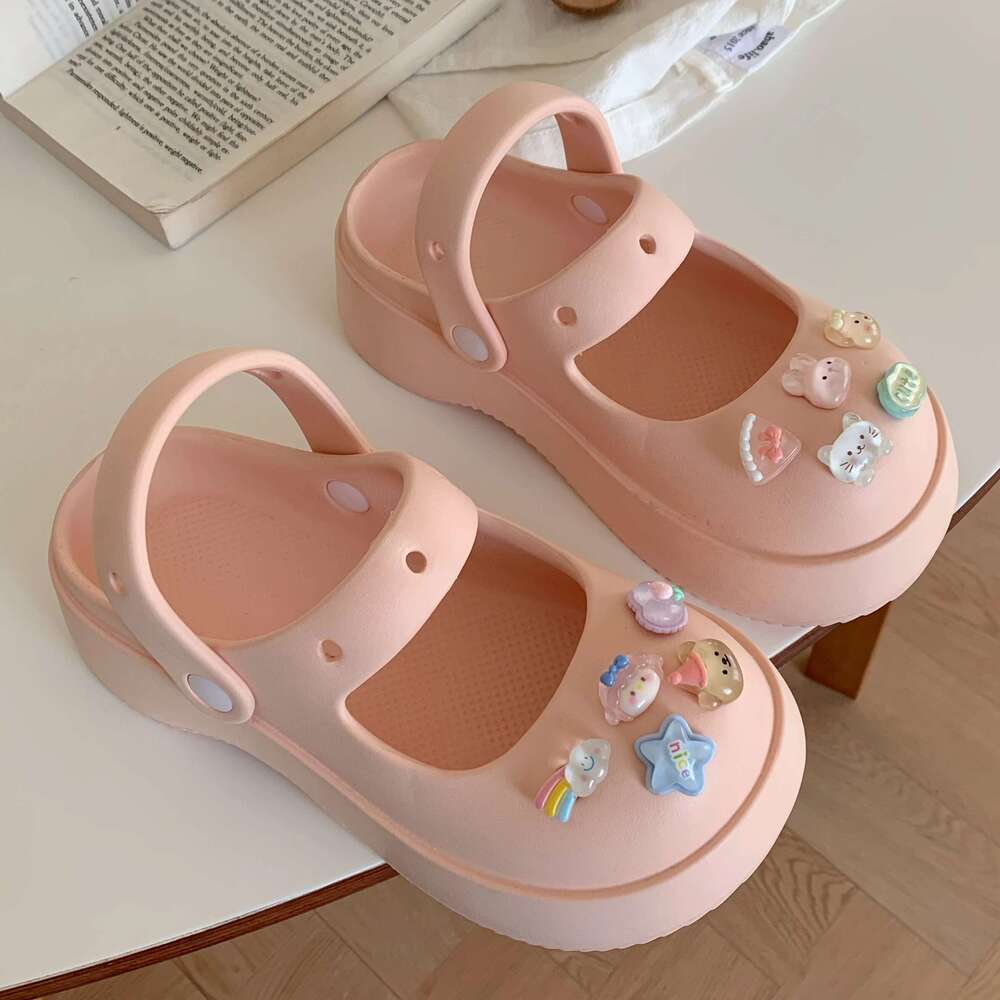Summer New EVA Thick Mary Jane Perforated Shoes Women Wearing Elevated Soft Sole DIY Solid Color Two Wear Home Slippers