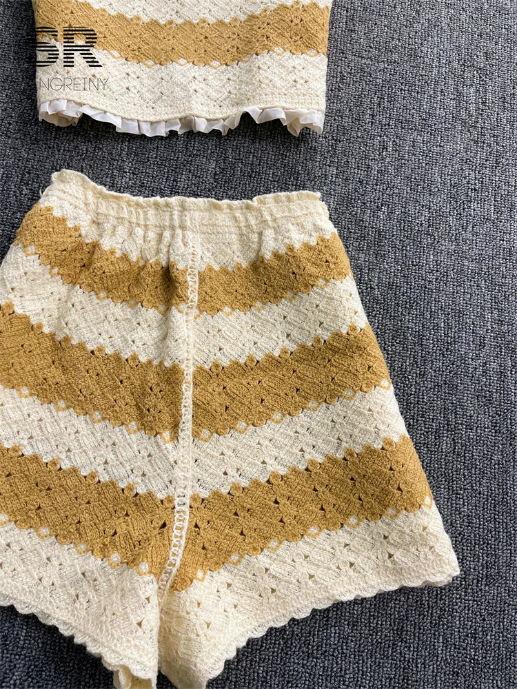 SINGREINY Backless Knit Beach Two Piece Set Women Elegant Strap Off Shoulder Camisole Elastic Waist Shorts Striped Summer Suit 250322