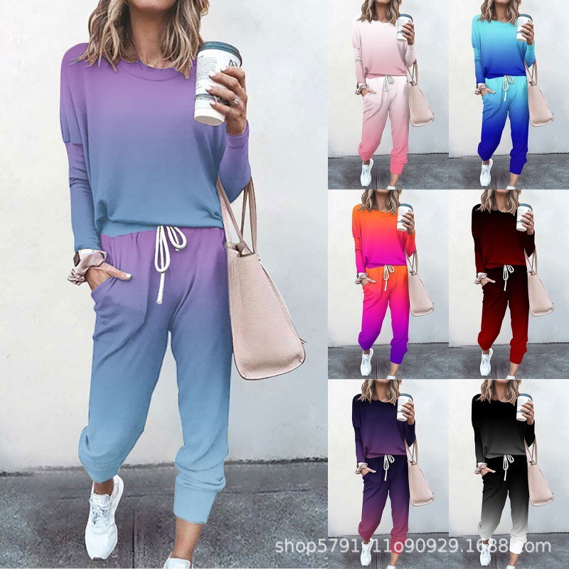 Gradient sweatshirt and pants set, casual long sleeved pullover, round neck sports suit