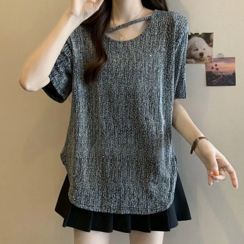 Large fashion slit womens short sleeved Tshirt 2025 summer loose and slim fit top 250324