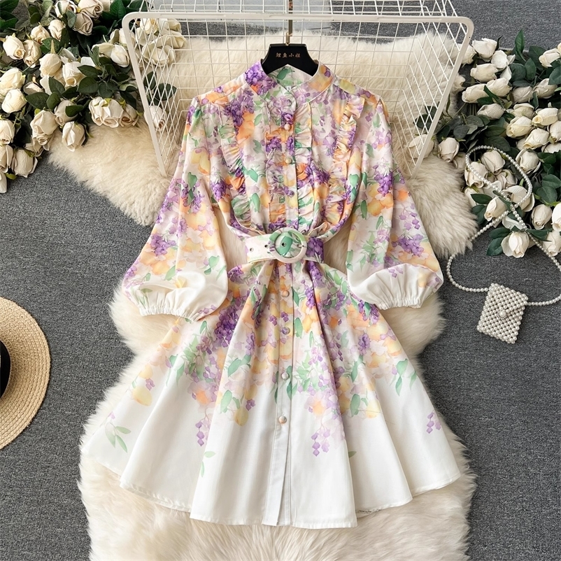 Summer Holiday Linen Dress Clothing Stand Ruffles Long Lantern Sleeve Flower Print Single Breasted Belt Mini Vestidos 250322