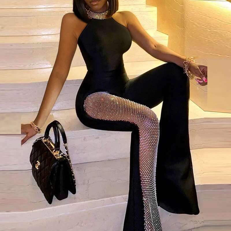 Fashion Print Clothes Sexy One-Pieces Women Jumpsuit Elegant Glitter Hollow Mesh Party Bodysuits Ladies Slim Flare Pants Rompers