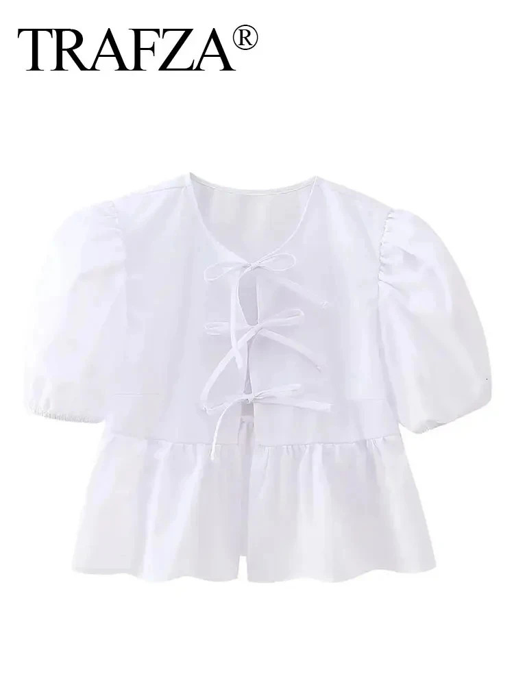 TRAFZA Fashion Solid Hollow Shirt Womens Waist O-Neck Short Sleeve Lace Top Fashion Womens Casual Shirt 250322