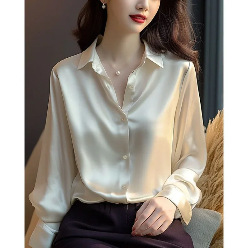 Spring and autumn womens solid polo neck shirt button elegant loose long sleeved dress office womens black top 250322