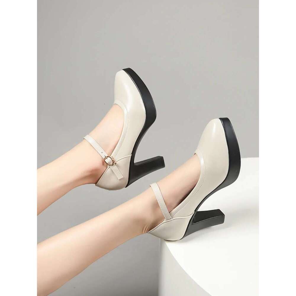 Ankle Strap Thick Heels Pumps for Women Pu Leather Office High Heeled Woman's Elegant Platform Mary Jane Shoes Casual