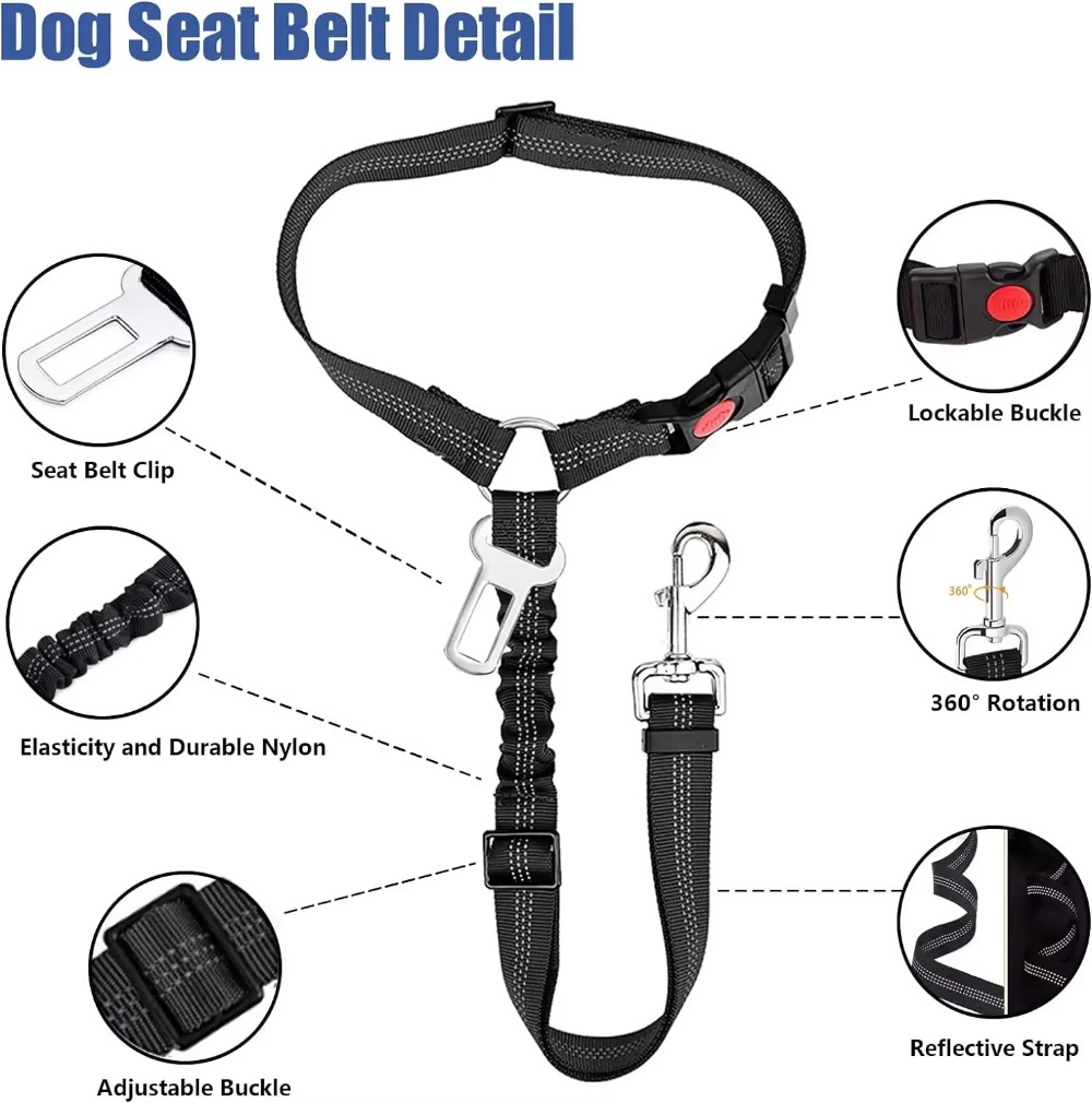 2-in-1 Dog Car Seat Belt Adjustable Reflective Pet Safety Seat Belt Dog Accessories for Large Medium Small Dogs