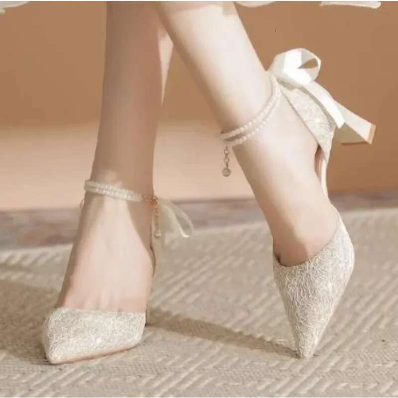 New Summer Women Pearl Heels Chunky Princess Bow High Heel Sandals Party Wedding Shoes Plus Size atos Mujer