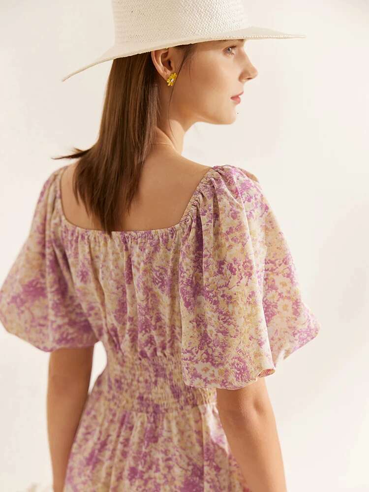 AMII Minimalism Holiday Style Dress 2023 Summer New Square Collar Slash Neck Puff Sleeves Chic A-e ral Vestidos 12352024