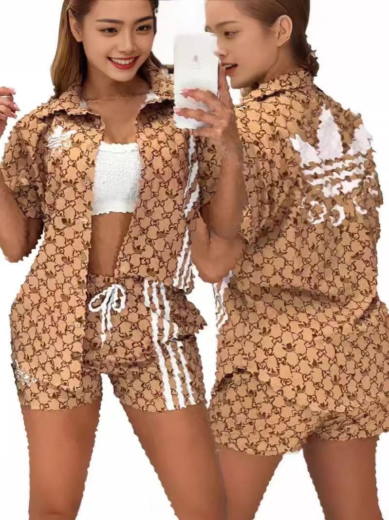Cross border European and American women's woven fabric fashion printed shirt+shorts two-piece set
