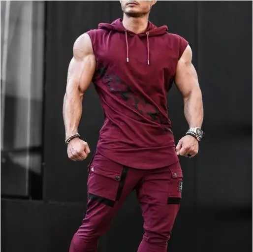Mens leisure sports vest fitness show muscle mens sports leisure running training clothes sleeveless hooded sweatshirt outdoor street X250324