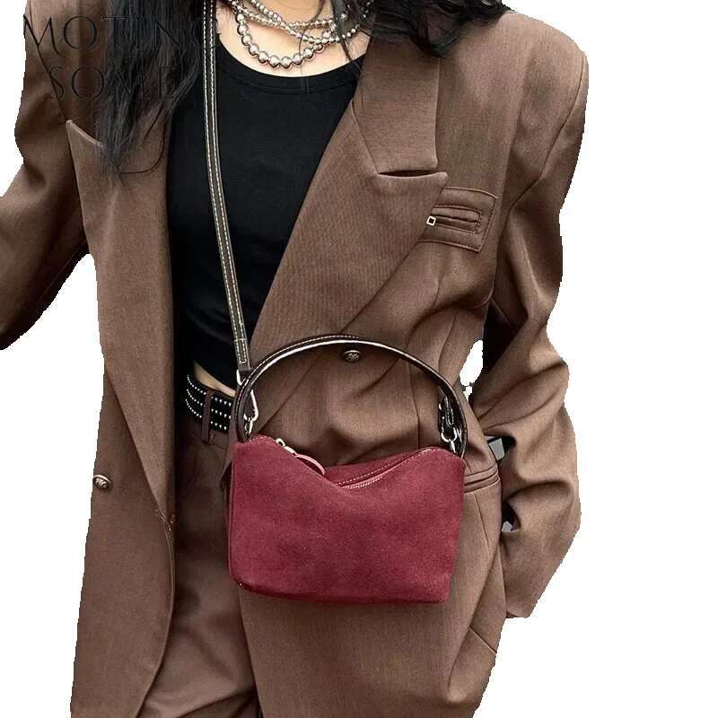 Motingsome Mini Pouch Suede Cowhide Portable Lunch Box 2024 New Versatile Hand Bag Retro Shoulder Messenger Purse