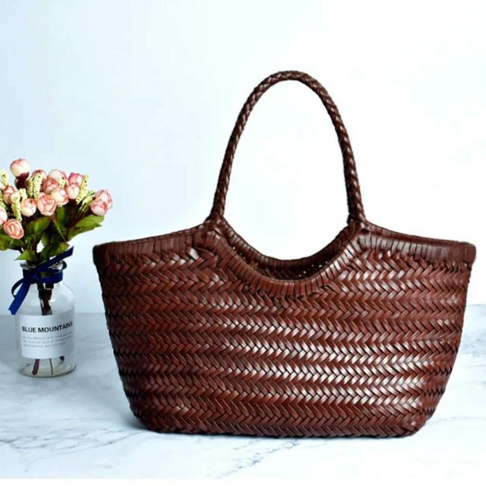 Fashion Handbags Woman Cow Second Layer Split Leather Weave Shopping Basket Tote Purse Handle Bags