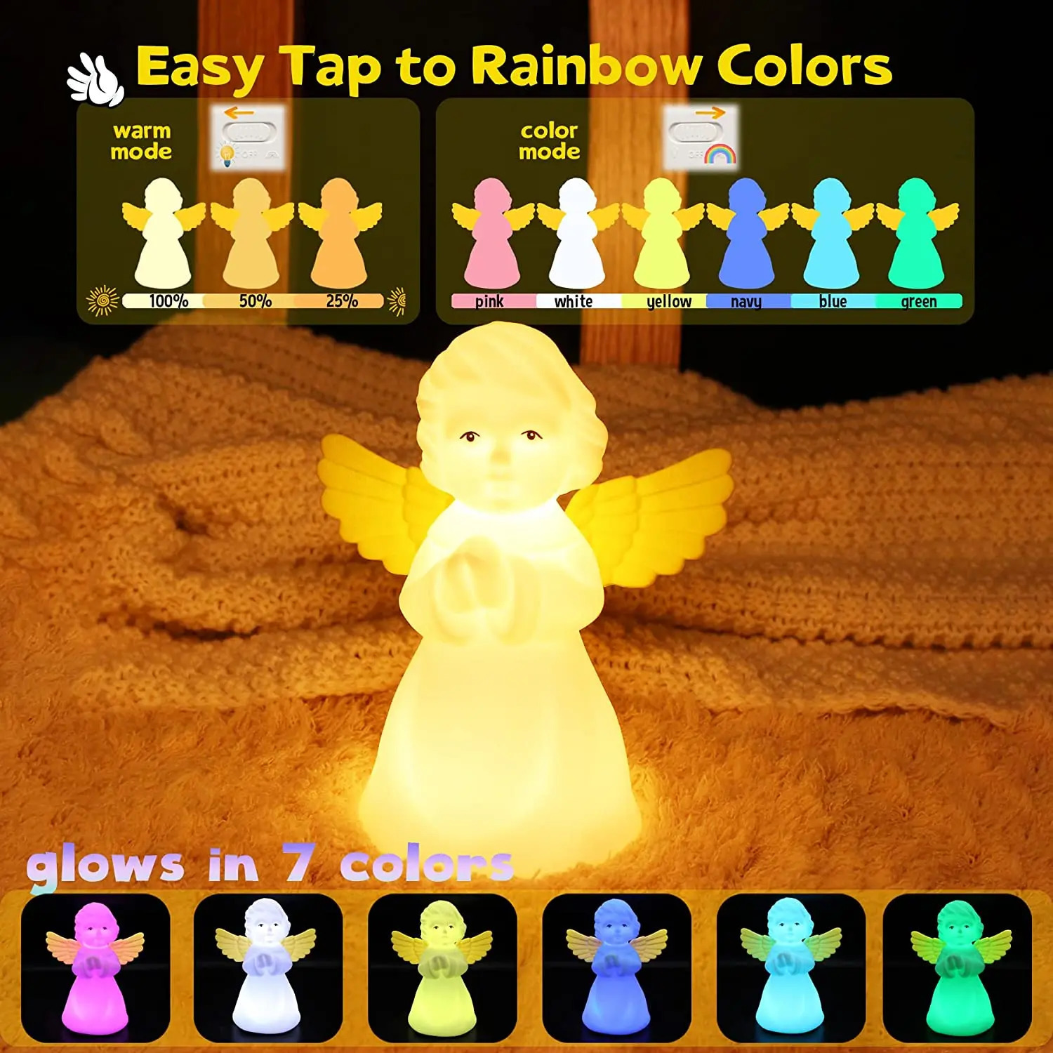 Cute angel night light silicone USB charging touch sensor RGB sleep light baby birthday gift bedside lamp 250324