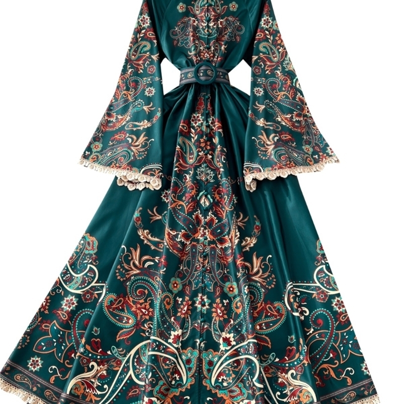 3XL 4XL Elegant Evening Floral Maxi Dresses Women Summer Autumn National Trench Flower Print Flare Full Sleeve Long Dress 250322