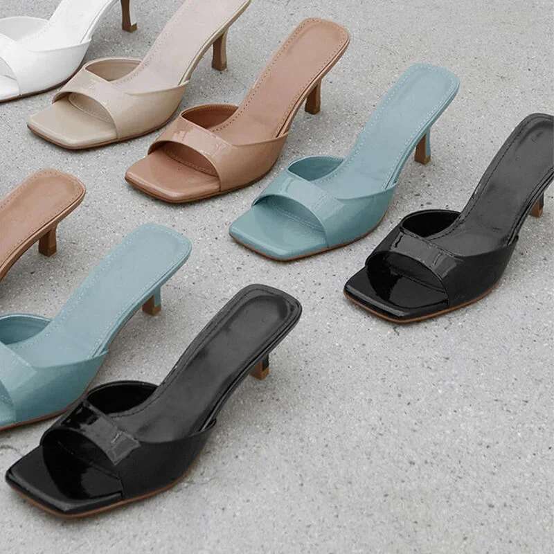 Summer Slippers for Women Simple Mules Solid Color Women' Square Toe Stiletto Shoes Comfort Breathable Shallow High Heels
