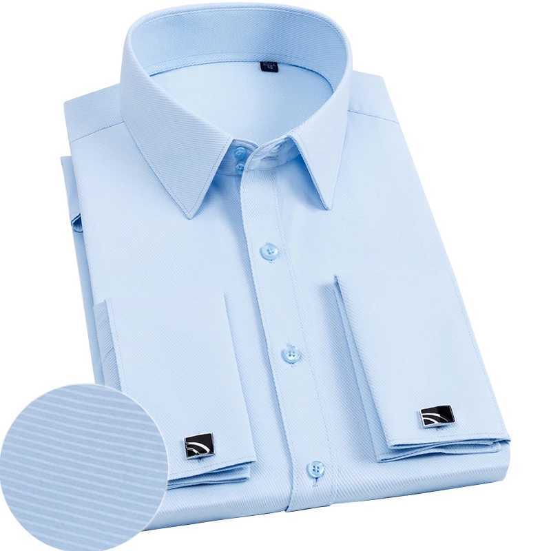 Mens slim fit French cufflinks shirt long sleeved double sleeved solid color high-end wedding dress casual mens clothing X250324