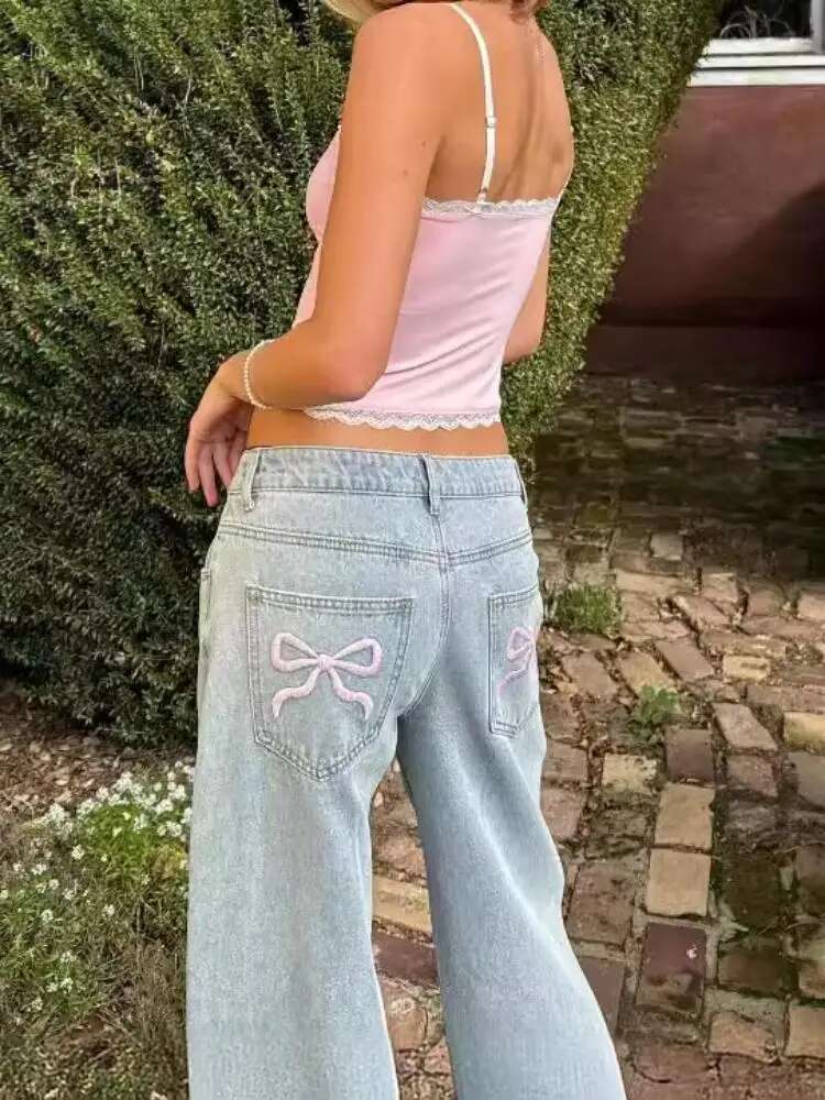 Europe And The United States Casual Comfortable Simple Style Bow Embroidery Fashion Straight Leg Retro Blue Jeans Ins
