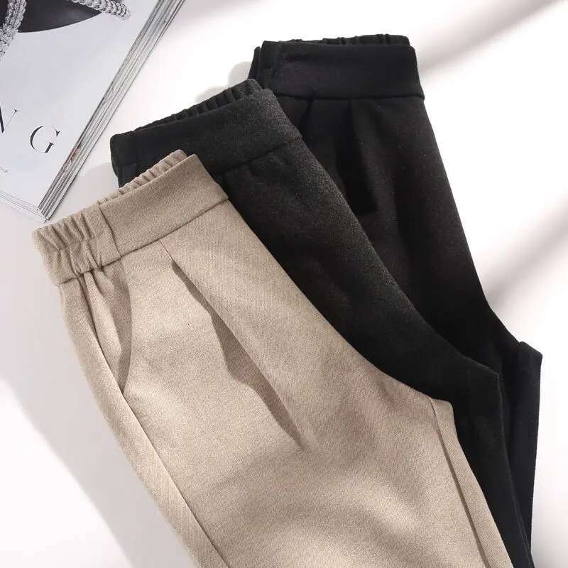 Woolen Women's 2025 Spring Autumn And Winter New High-Waist Thin Radish Trousers Feet Harem Pants Female L525