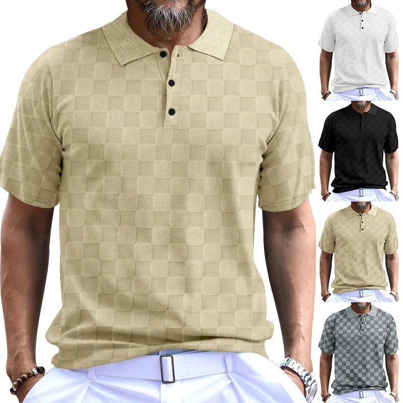 Mens short sleeved casual lapel polo shirt checkered Tshirt 250312