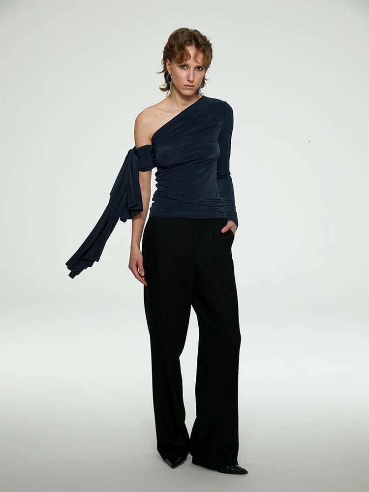 Designer Off The Shoulder Top Fall Clothes 2024 Women Long Sleeve T Shirt Dark Blue Fashion Tees Kintted Solid Tops