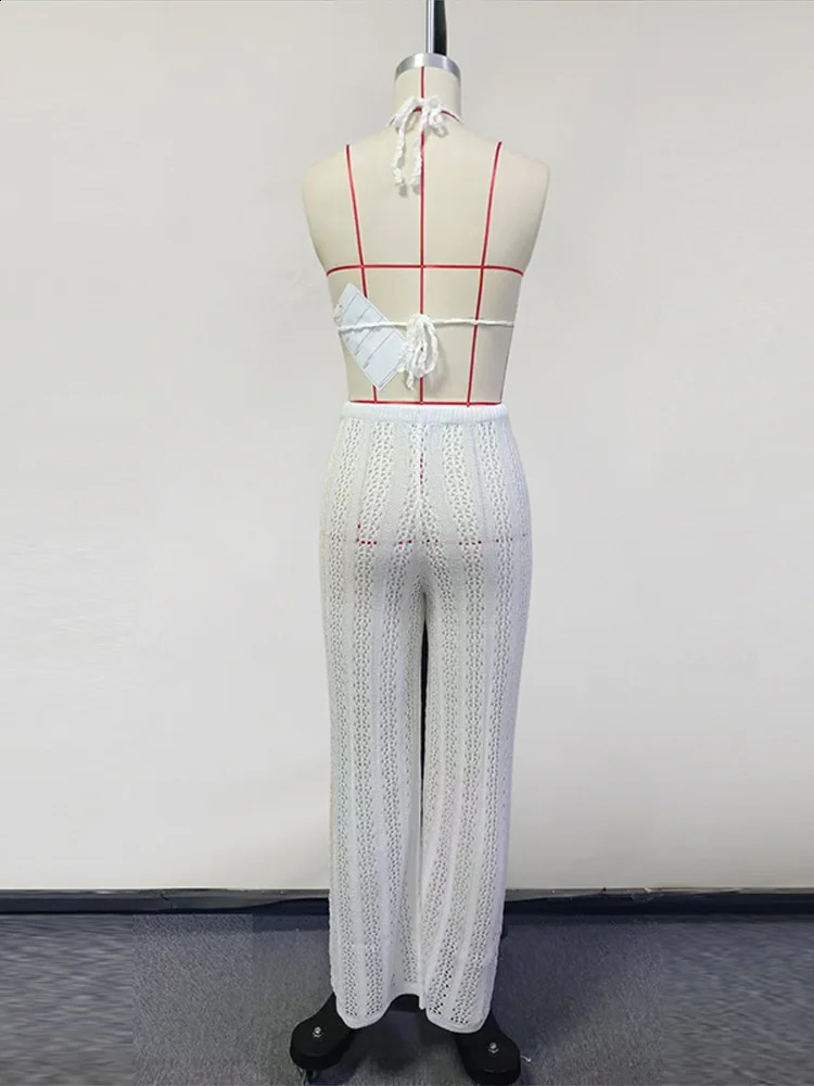 2025 Summer Knitted 3 Pieces Sets Women Fashion Solid Lace Up Crop Tops Long Wide-leg Pants Sexy Holiday Beach Ladies Suit 250324
