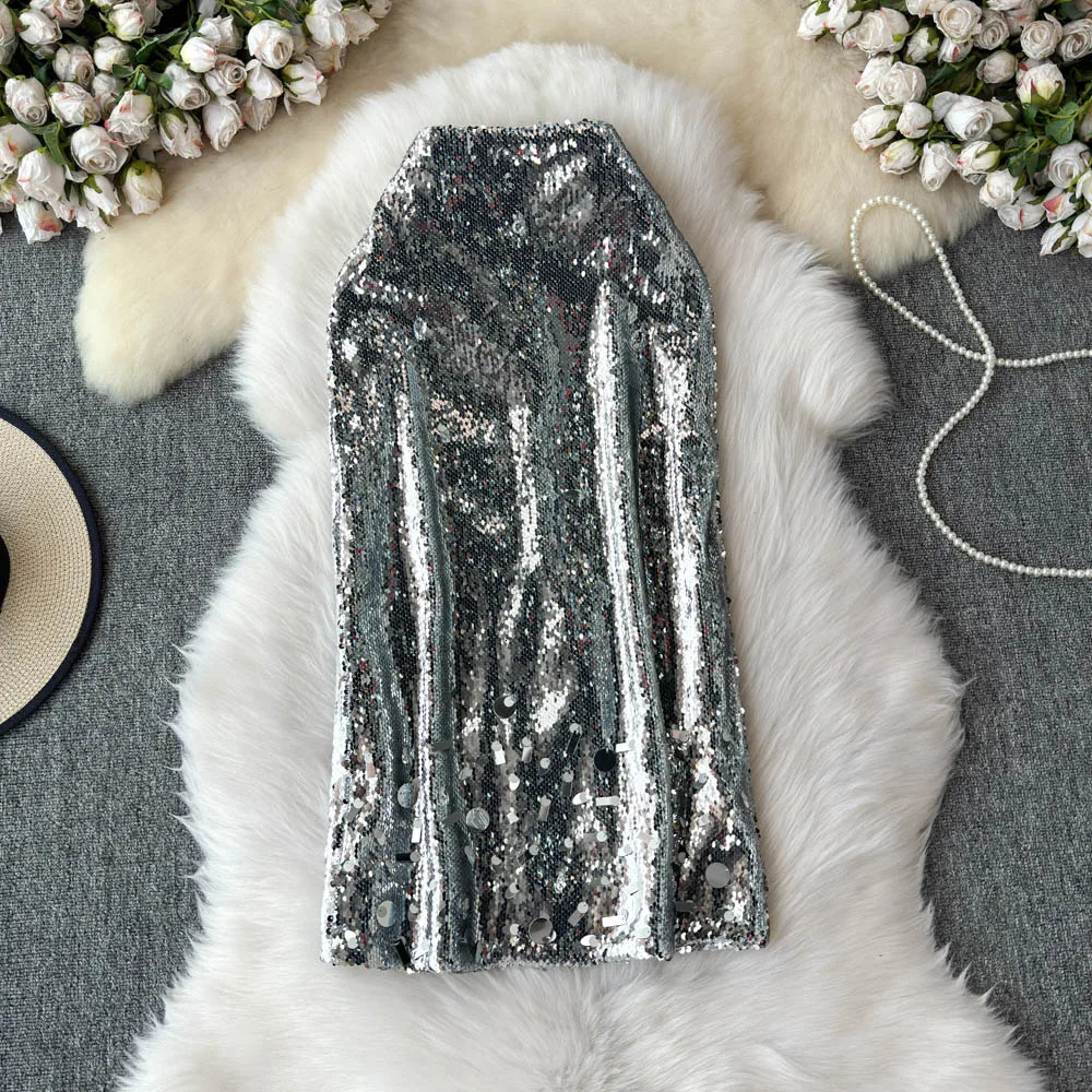 sweet Vintage Glitter Sequins Elegant High Waist Chic Slim Pencil Skirt French Streetwear High Street Autumn Winter Clothing 250322