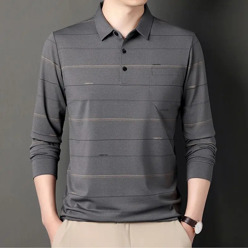 Mens Longsleeved Tshirt Lapel with Pocket Cotton Casual Autumn Clothes Base Shirt 250312