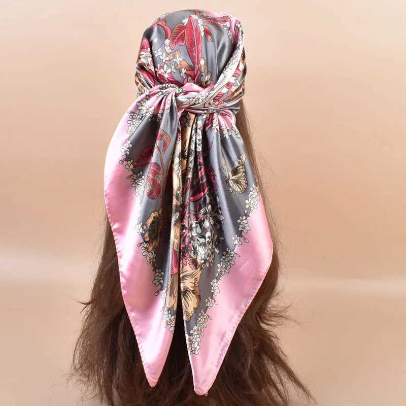 2025 New 90 * 90cm Silk Satin Hair Scarf with Hand print Fem Square Bandage Small Neck Muffler Headscarf for Women X250324